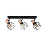 Three-light ceiling spotlight with black metal cage and light wood for modern interior lighting