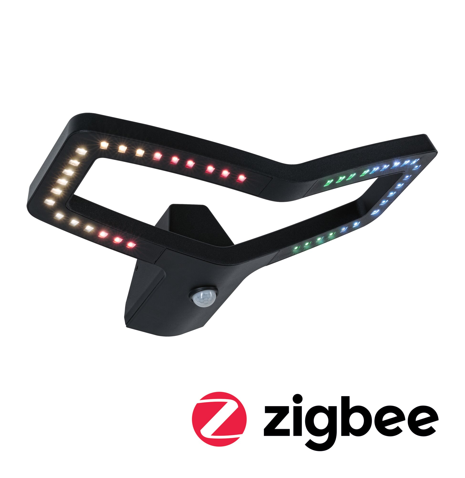 LED Exterior wall light Smart Home Zigbee 3.0 Alara Twilight-controlled motion detector (IR) IP44 angular 375x270mm RGBW+ 10W 450lm 230V Anthracite Metal Black LED wall light with colorful RGB lights and motion sensor for smart Zigbee control