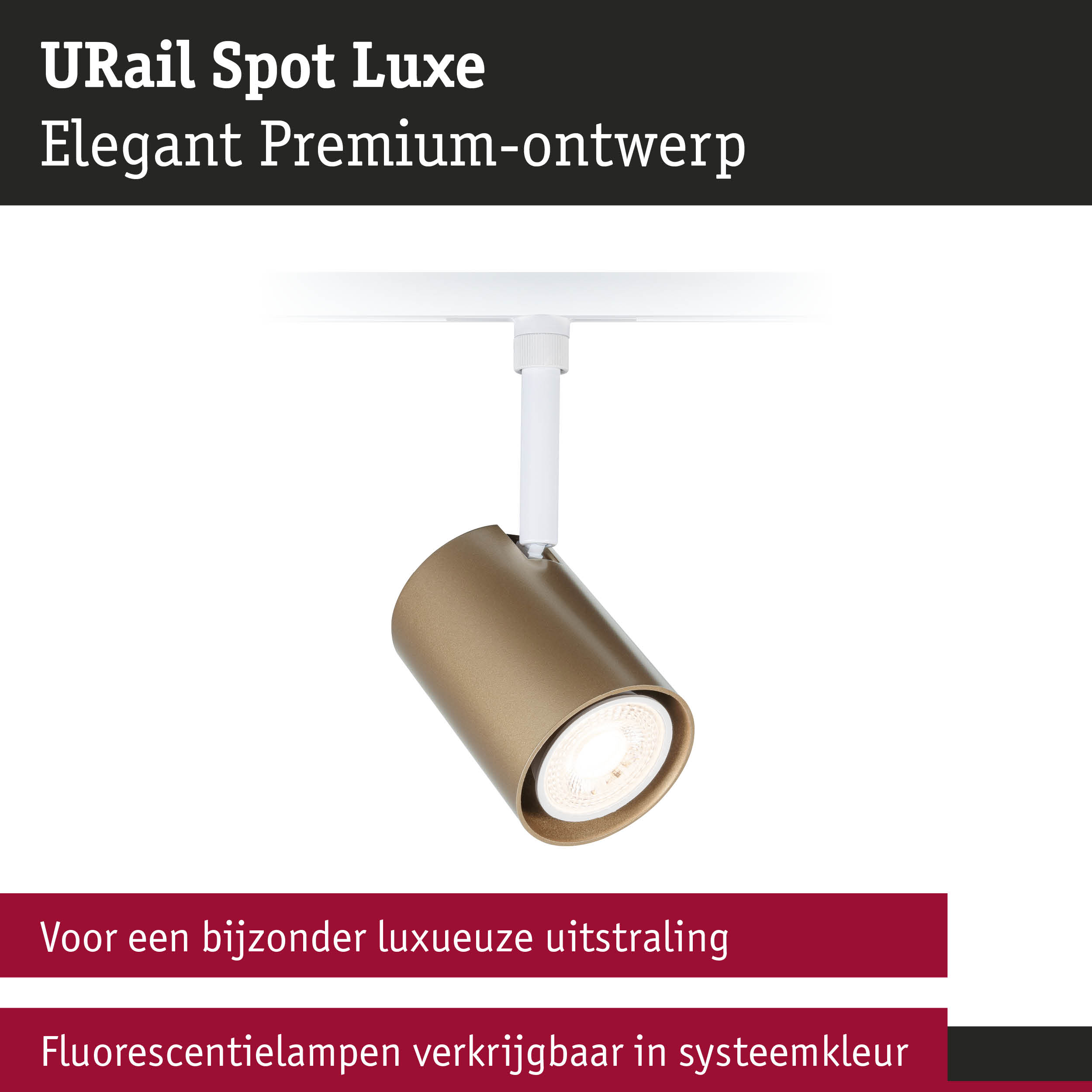 Elegante URail Spot Luxe in goud met wit railsysteem voor stijlvolle verlichting