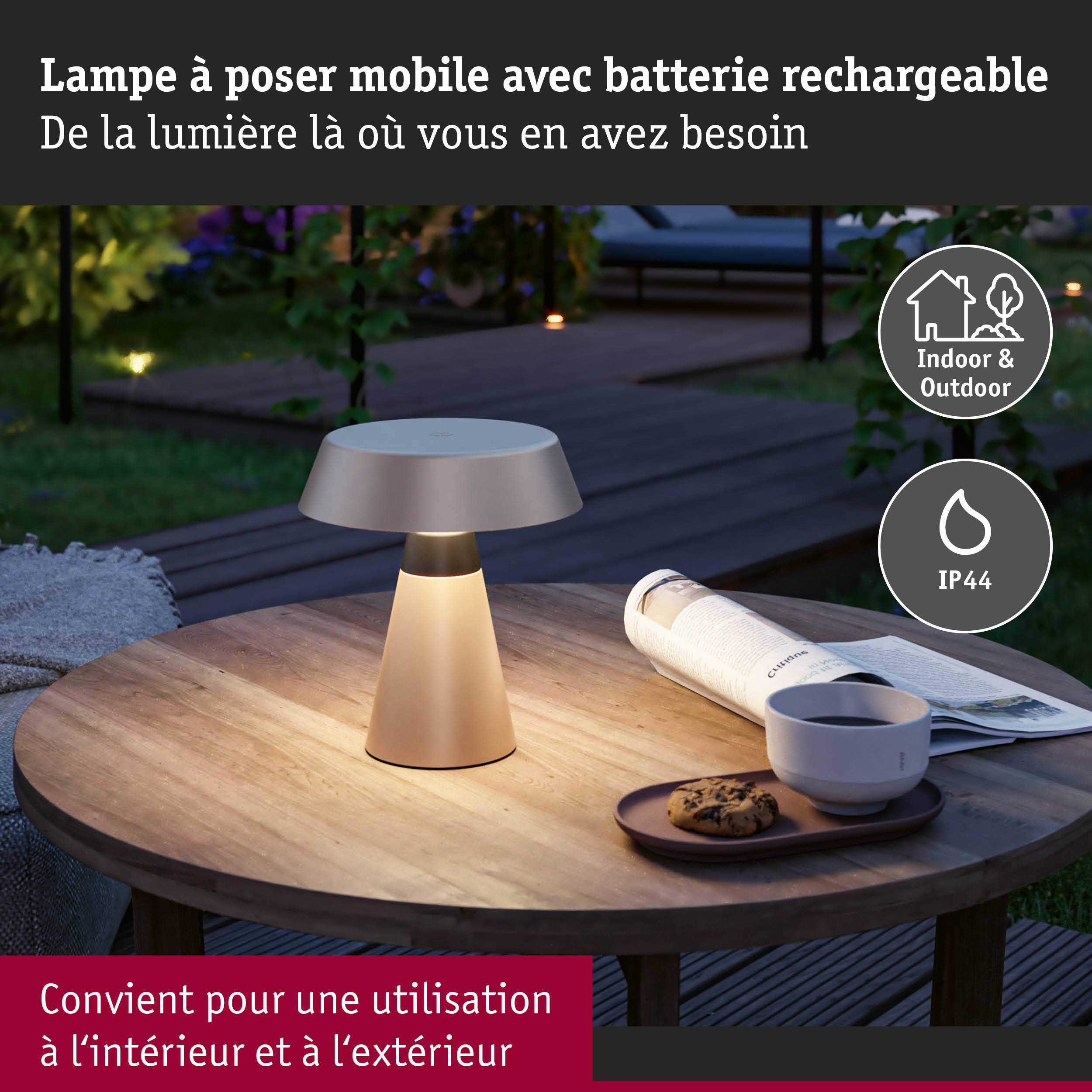 Lampe à poser mobile beige en métal avec batterie rechargeable, usage intérieur et extérieur