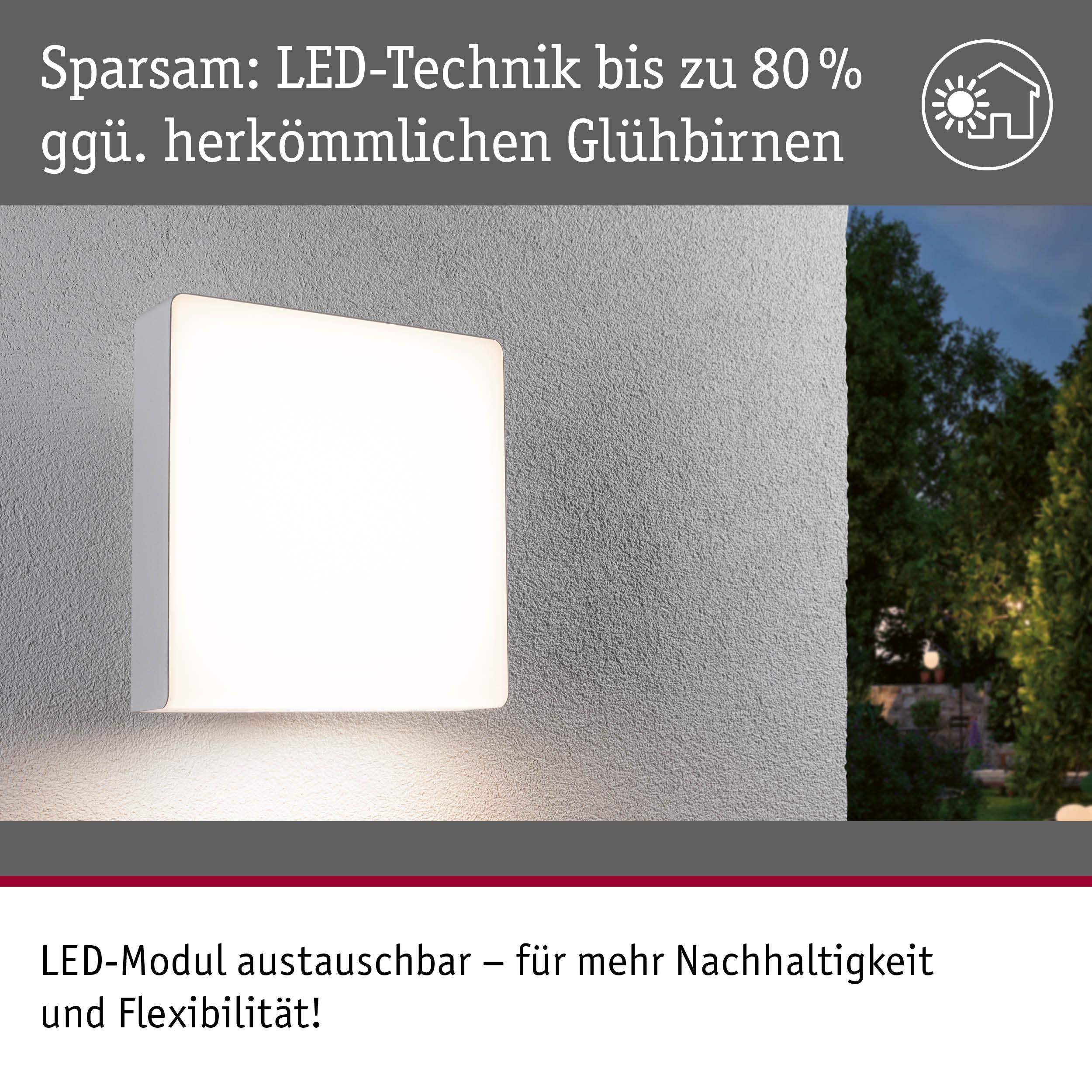 Weißes LED-Wandleuchte mit austauschbarem Modul an grauer Wand, energiesparende Außenbeleuchtung
