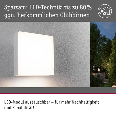 Weißes LED-Wandleuchte mit austauschbarem Modul an grauer Wand, energiesparende Außenbeleuchtung