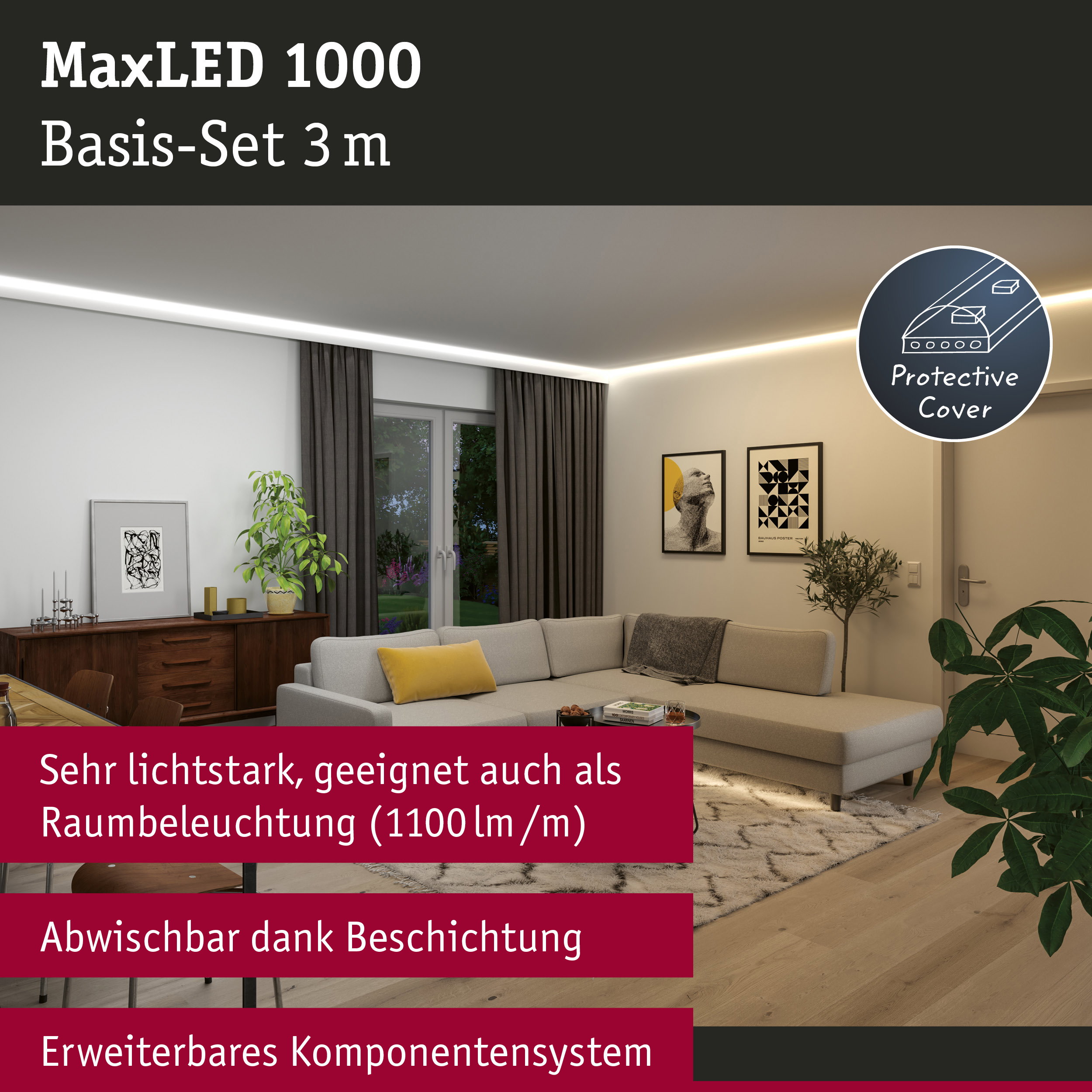 MaxLED 1000 Basis-Set 3 m LED-Lichtleiste mit Schutzabdeckung für helle Raumbeleuchtung