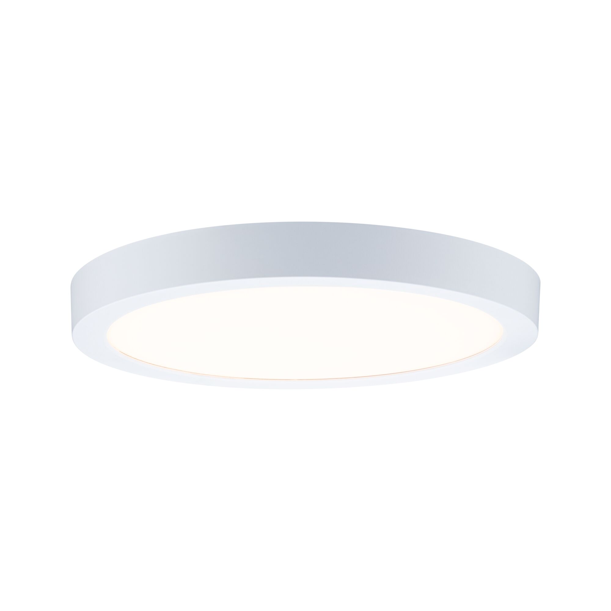Round white metal LED ceiling light with warm white illumination for modern home lighting