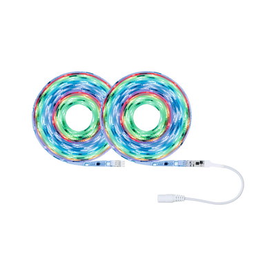 Two colorful LED light strips with connector cable for flexible RGB indoor lighting solutions