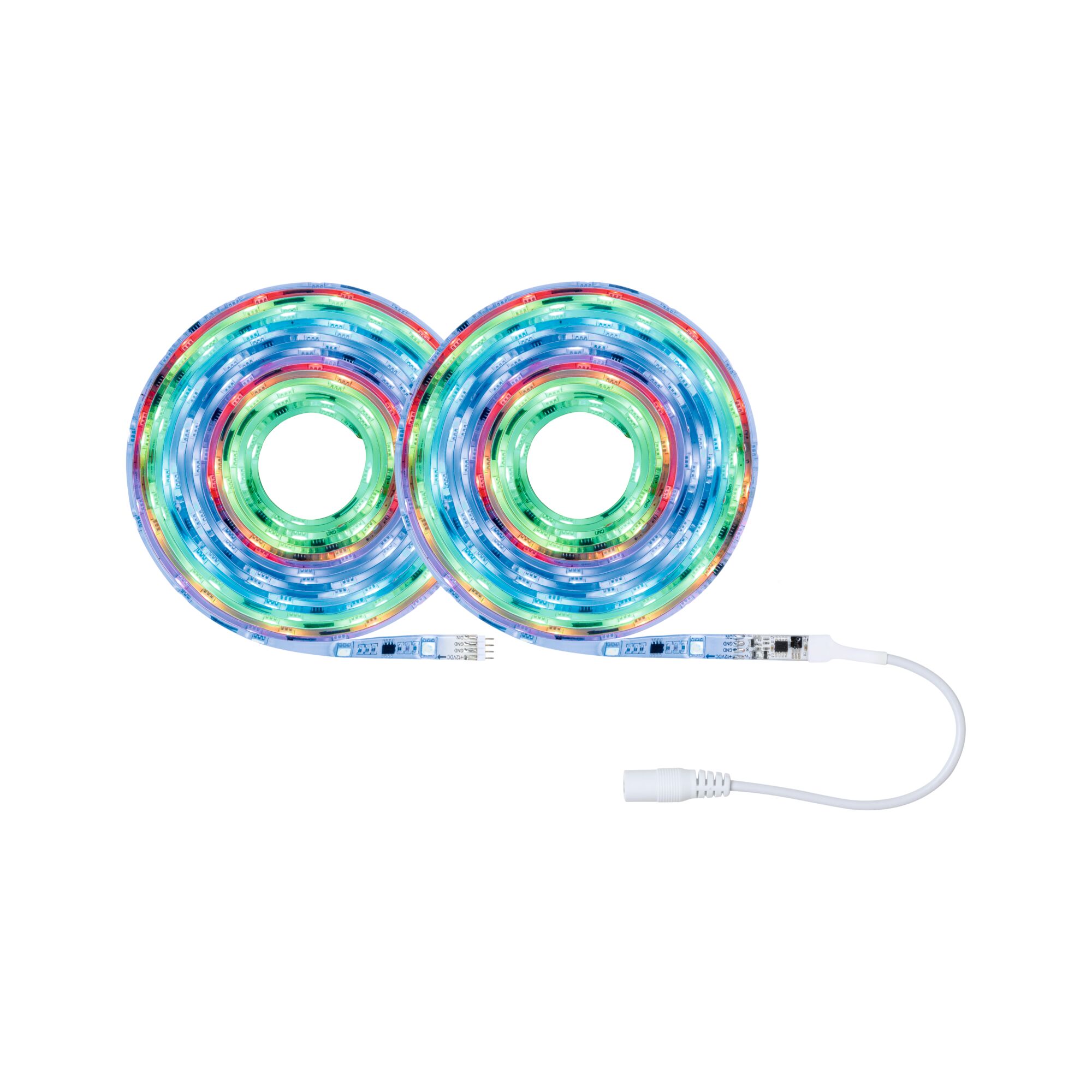 Zwei bunte LED-Lichtstreifen mit Anschlusskabel für flexible RGB-Beleuchtung im Innenbereich