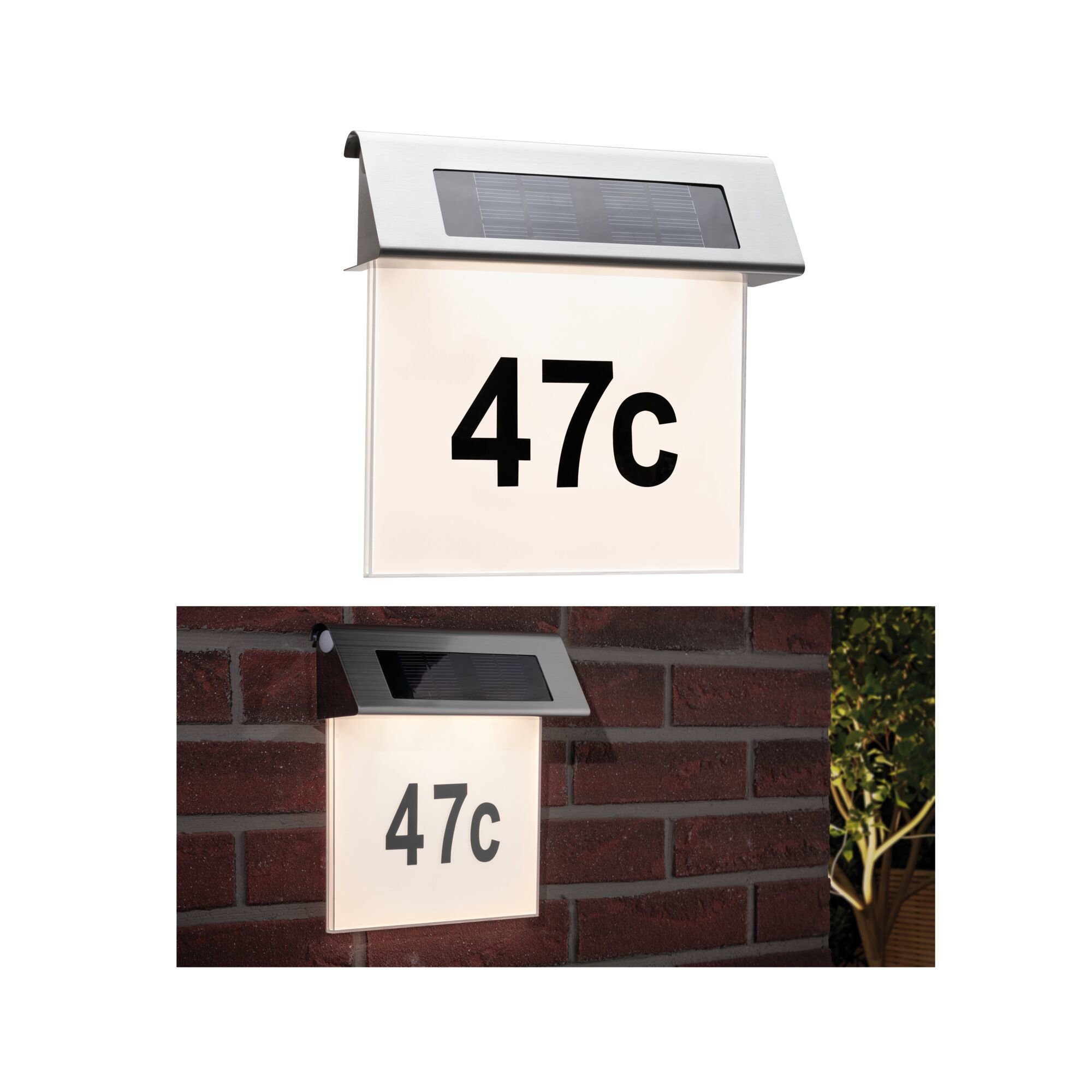 Solar LED-huisnummerverlichting Special Line IP44 3000K Edelstaal/Wit RVS zonne-huisnummerlamp met wit acryl en zwart cijfer 47c voor buitenmuren