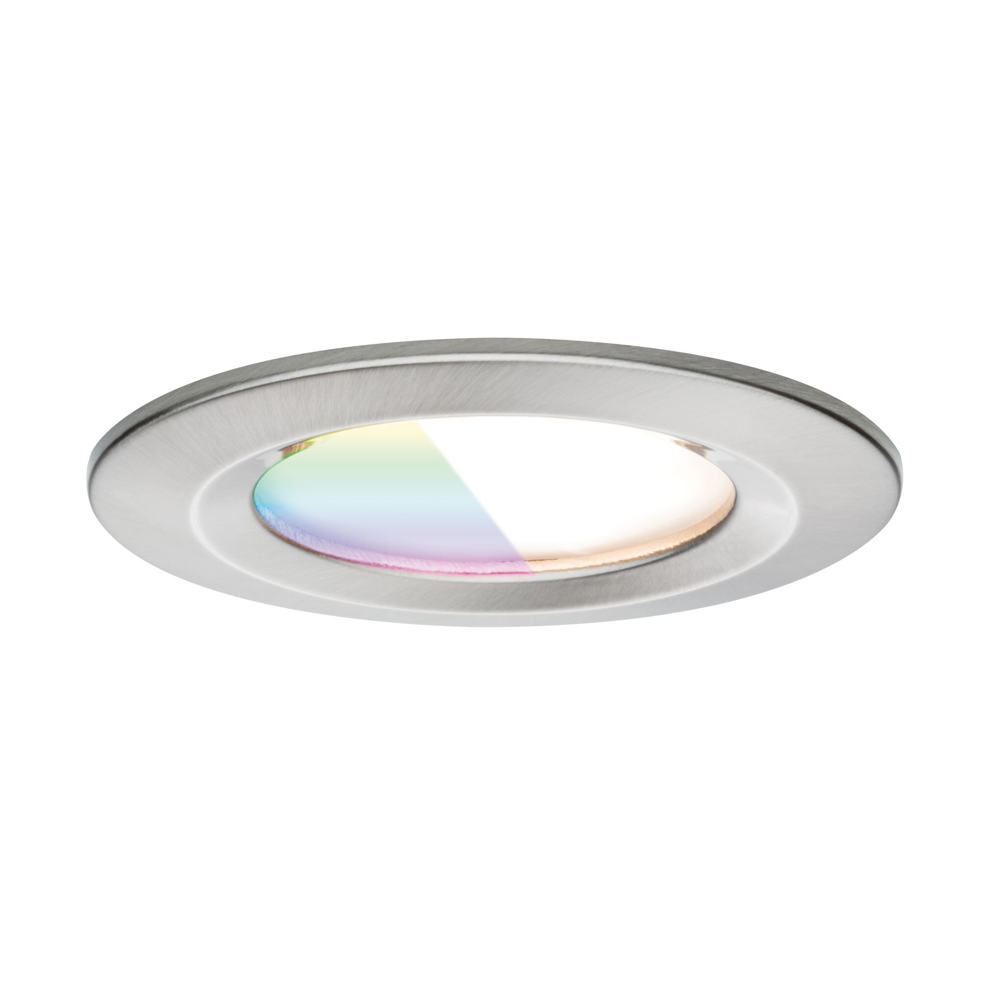 Rundes LED-Einbaustrahler mit gebürstetem Edelstahlrahmen und dimmbarer Lichtfunktion für Wohnräume