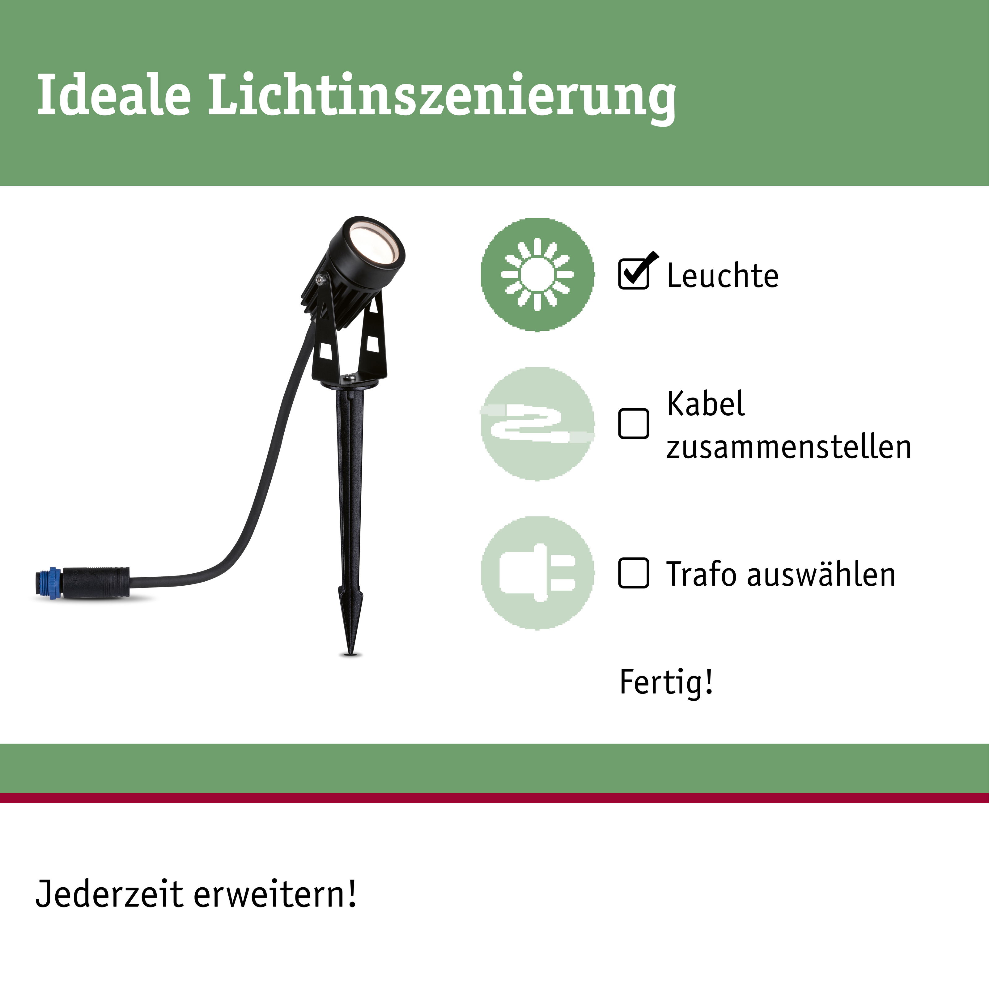 Schwarze LED-Gartenleuchte mit Erdspieß und Kabelanschluss für flexible Außenbeleuchtung.
