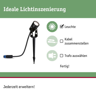 Schwarze LED-Gartenleuchte mit Erdspieß und Kabelanschluss für flexible Außenbeleuchtung.