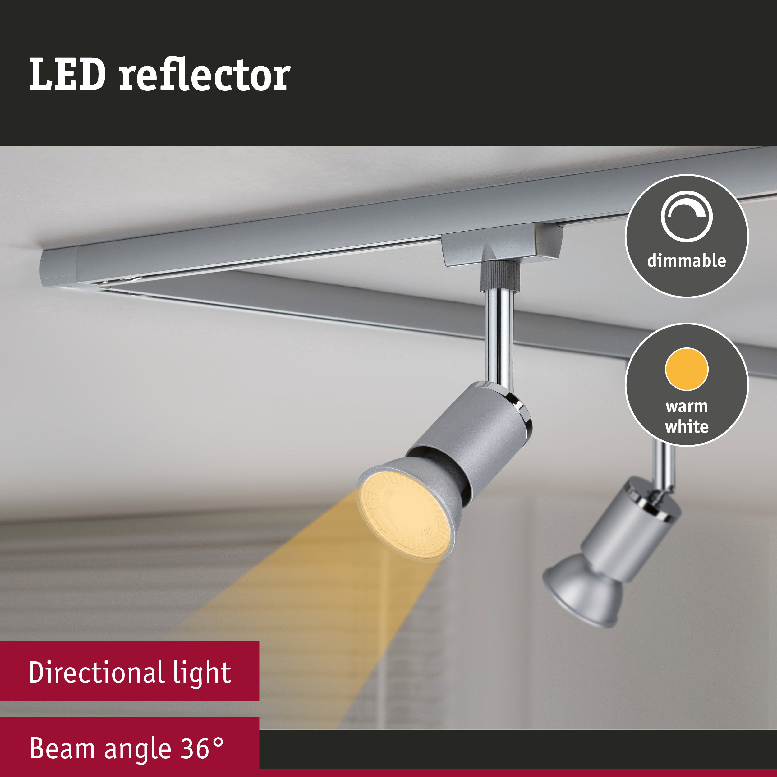 Dimmable grey metal LED reflector with warm white light and 36° beam angle for directional lighting