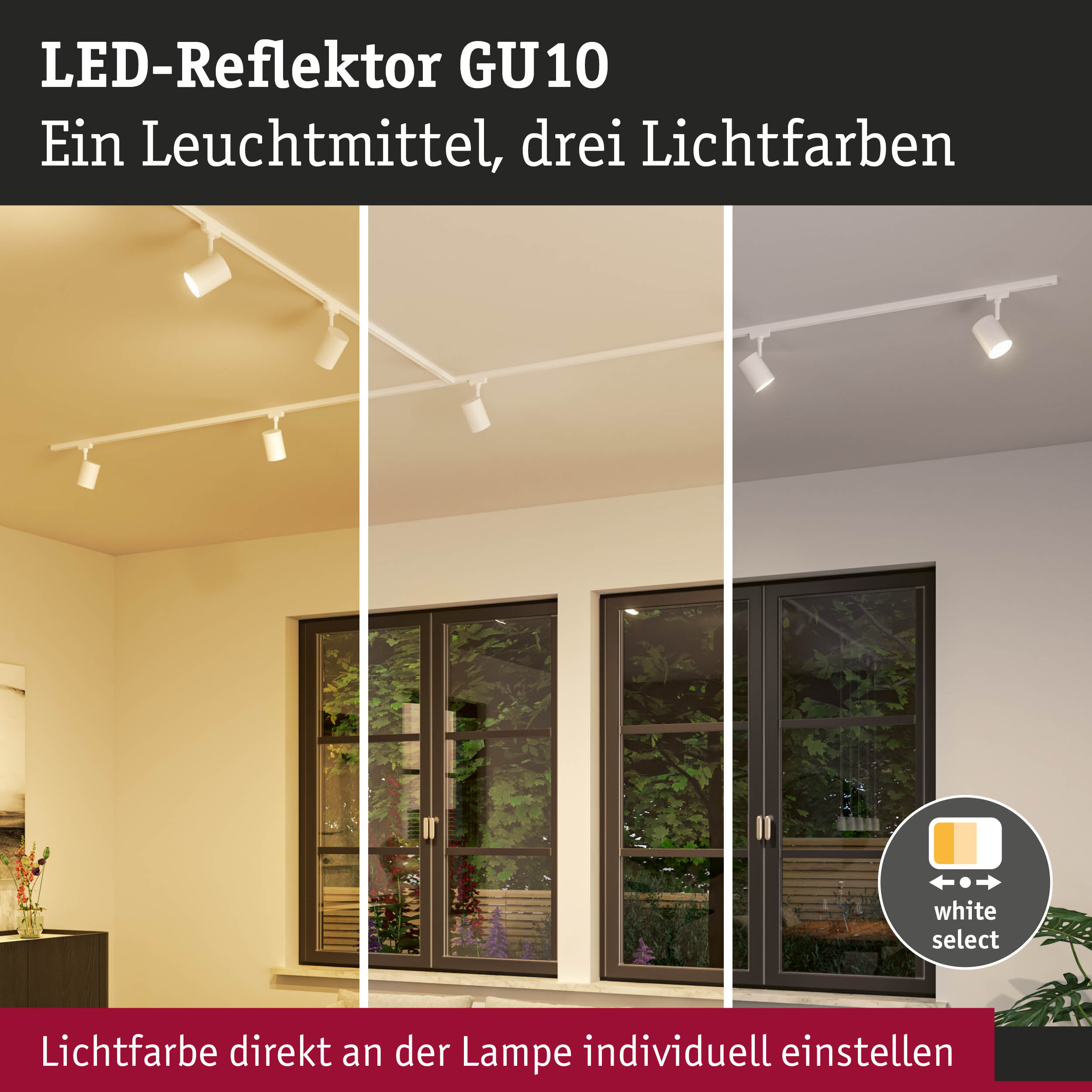 LED-Reflektor GU10 mit drei Lichtfarben zeigt verschiedene Weißtöne an Deckenstrahlern im Raum