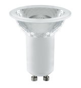 White LED reflector lamp with GU10 base made of plastic and glass for energy-saving lighting