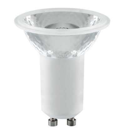 White LED reflector lamp with GU10 base made of plastic and glass for energy-saving lighting