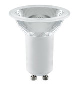 White LED reflector lamp with GU10 base made of plastic and glass for energy-saving lighting