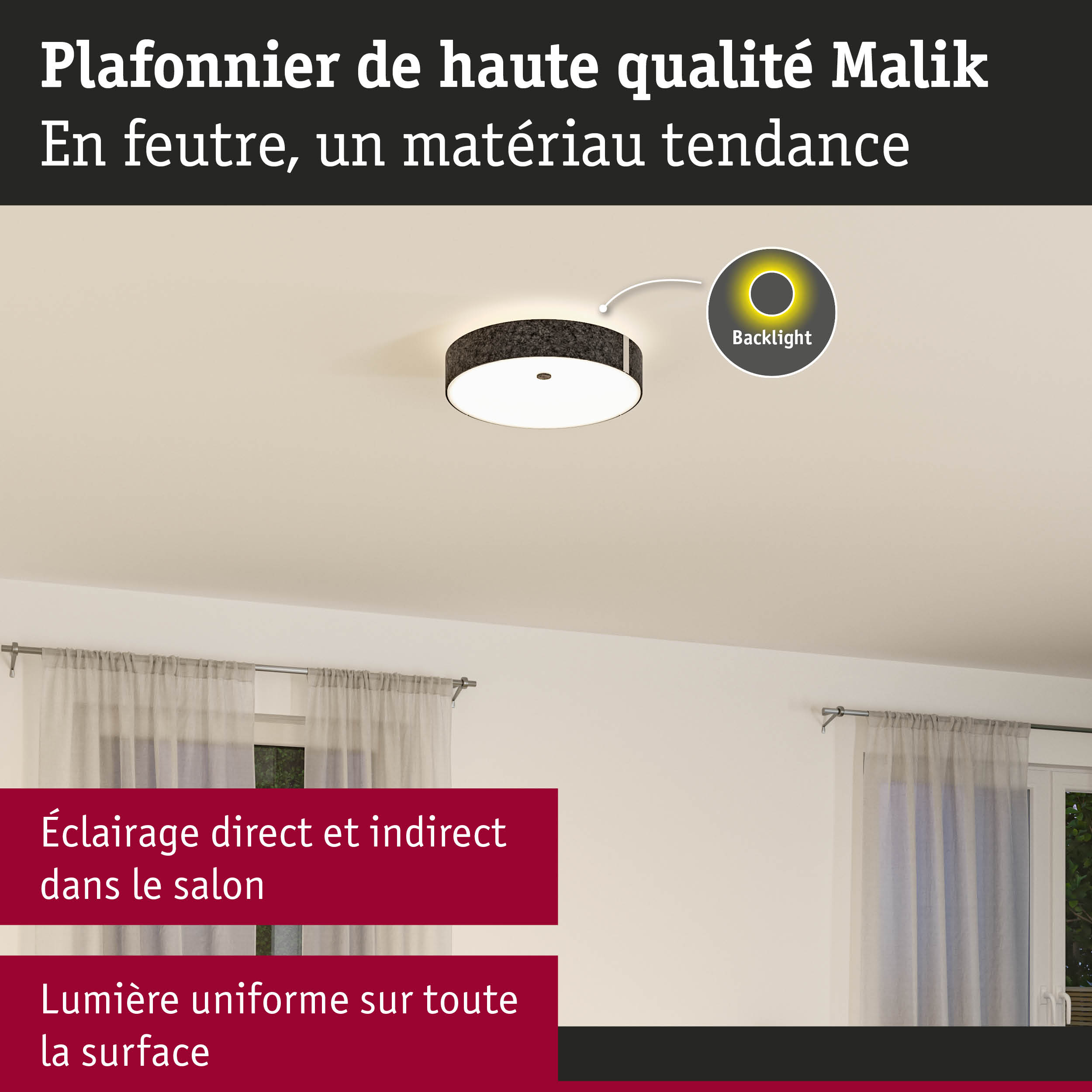 Plafonnier Malik en feutre gris avec rétroéclairage LED pour éclairage indirect du salon