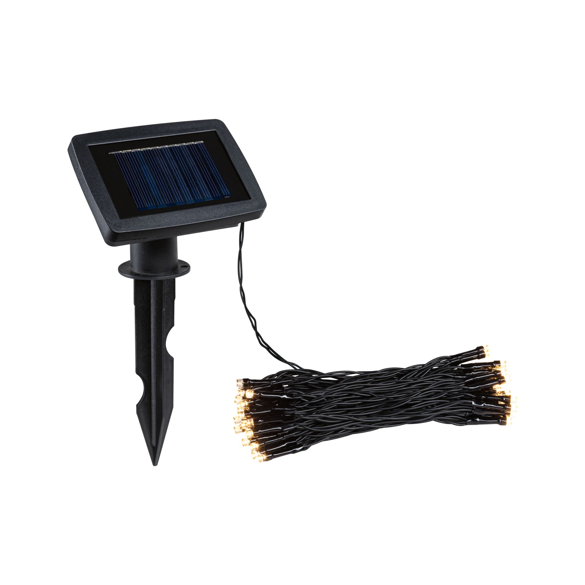 Black solar light with ground stake and warm white LED string for outdoor lighting
