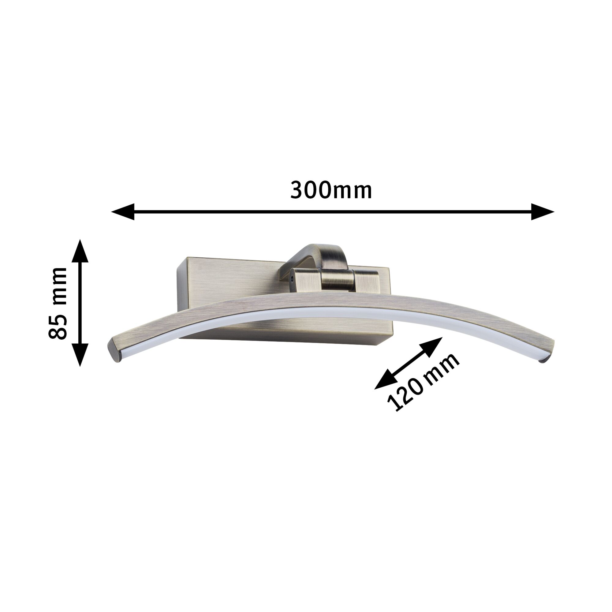 Curved LED wall light in brushed silver metal measuring 300x85x120 mm for modern lighting solutions