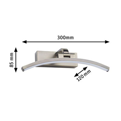 Curved LED wall light in brushed silver metal measuring 300x85x120 mm for modern lighting solutions