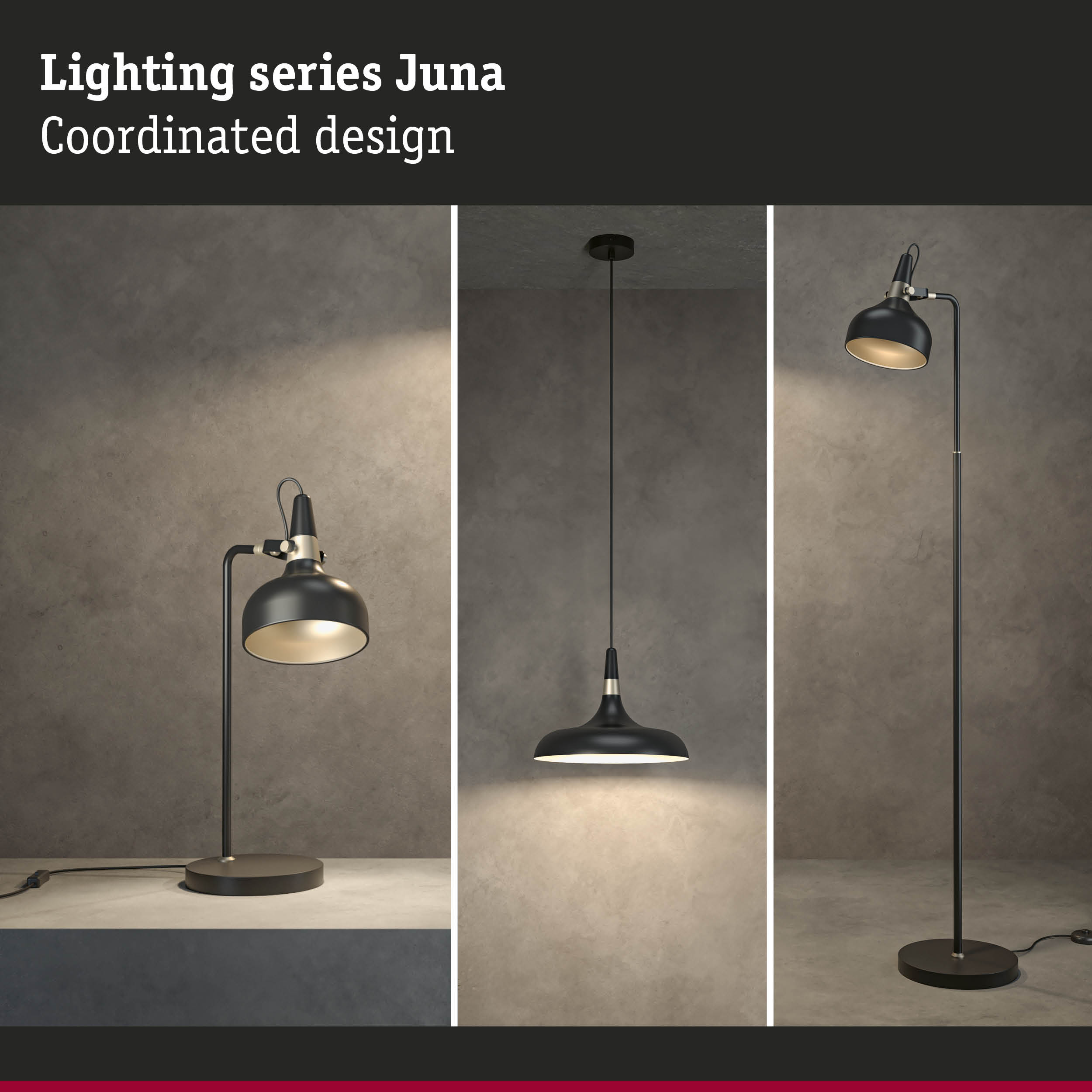 Black Juna lighting series with metal table, pendant and floor lamps for modern home decor