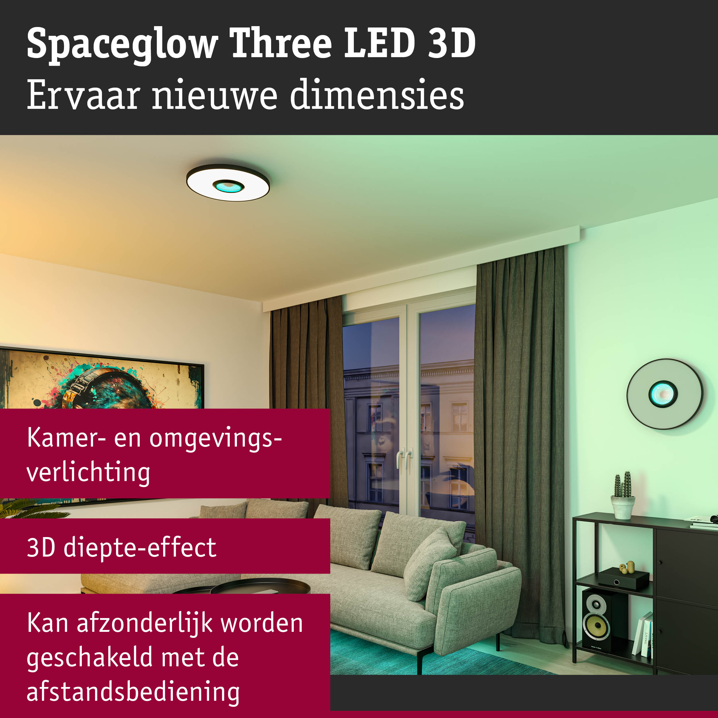 Modern woonkamer met witte Spaceglow Three LED 3D plafondlamp met 3D lichteffect