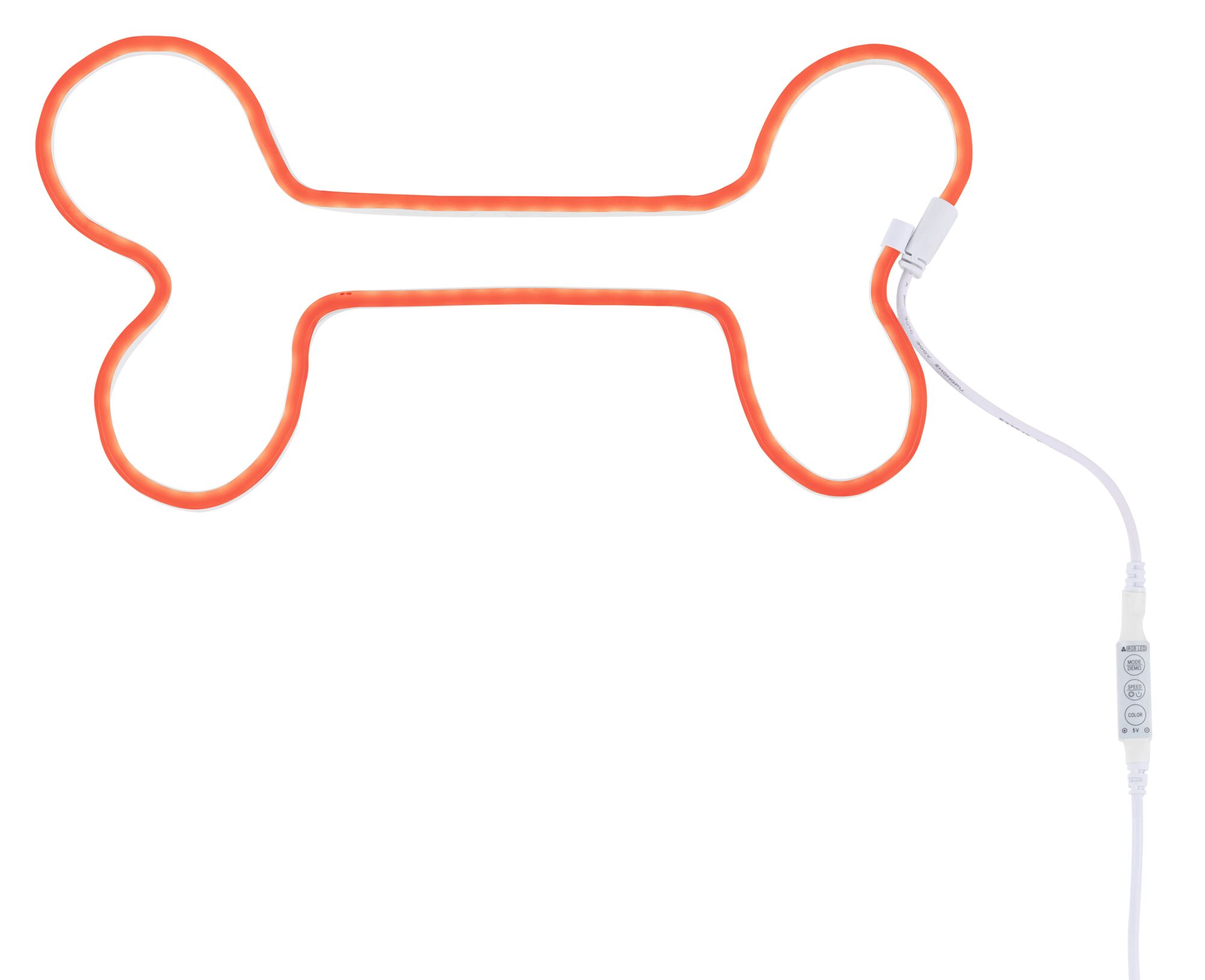 Orange LED light tube shaped like a bone with white control cable for decorative lighting use
