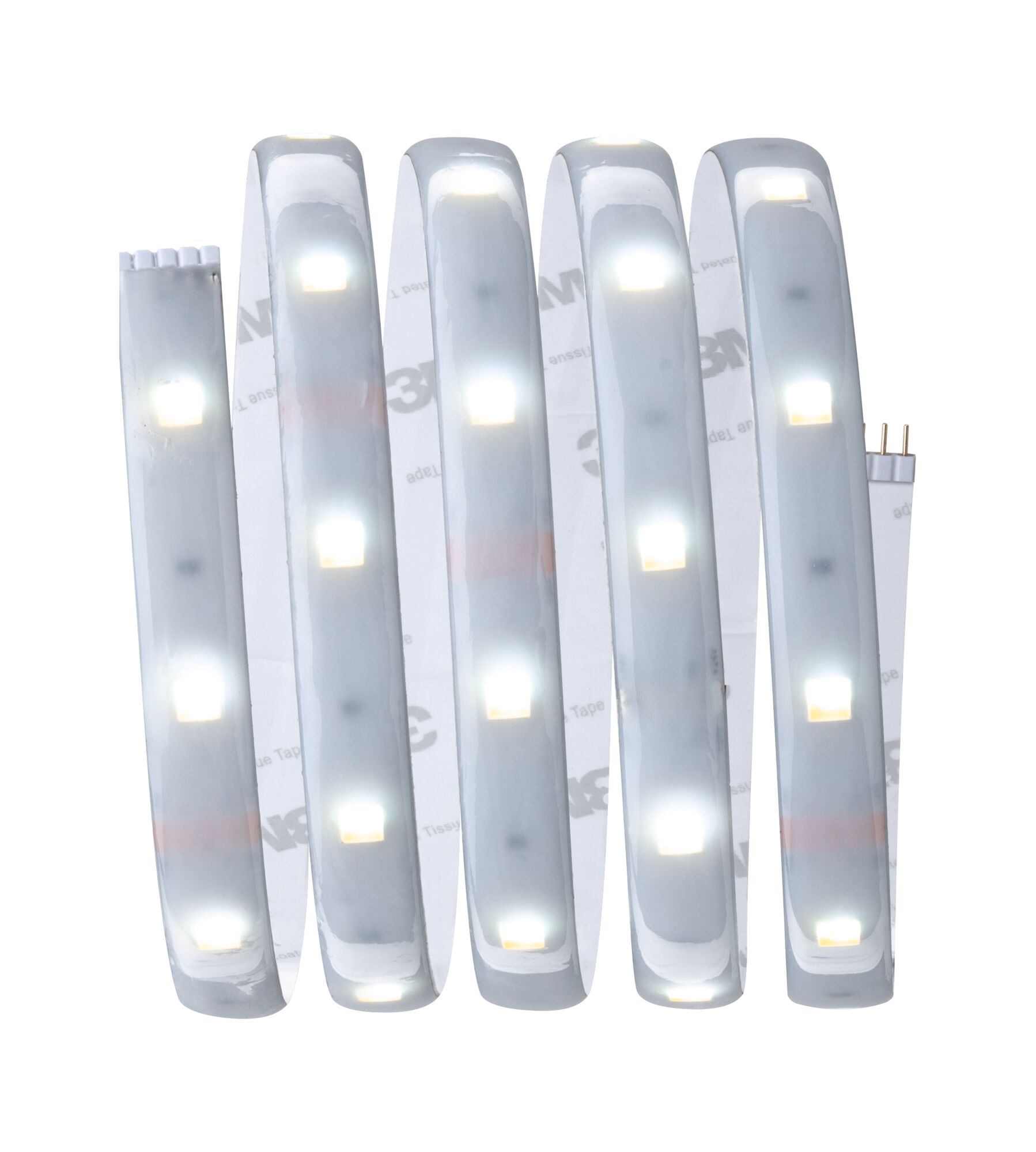Flexibler LED-Lichtstreifen mit weißen LEDs und selbstklebender Rückseite für vielseitige Beleuchtung.