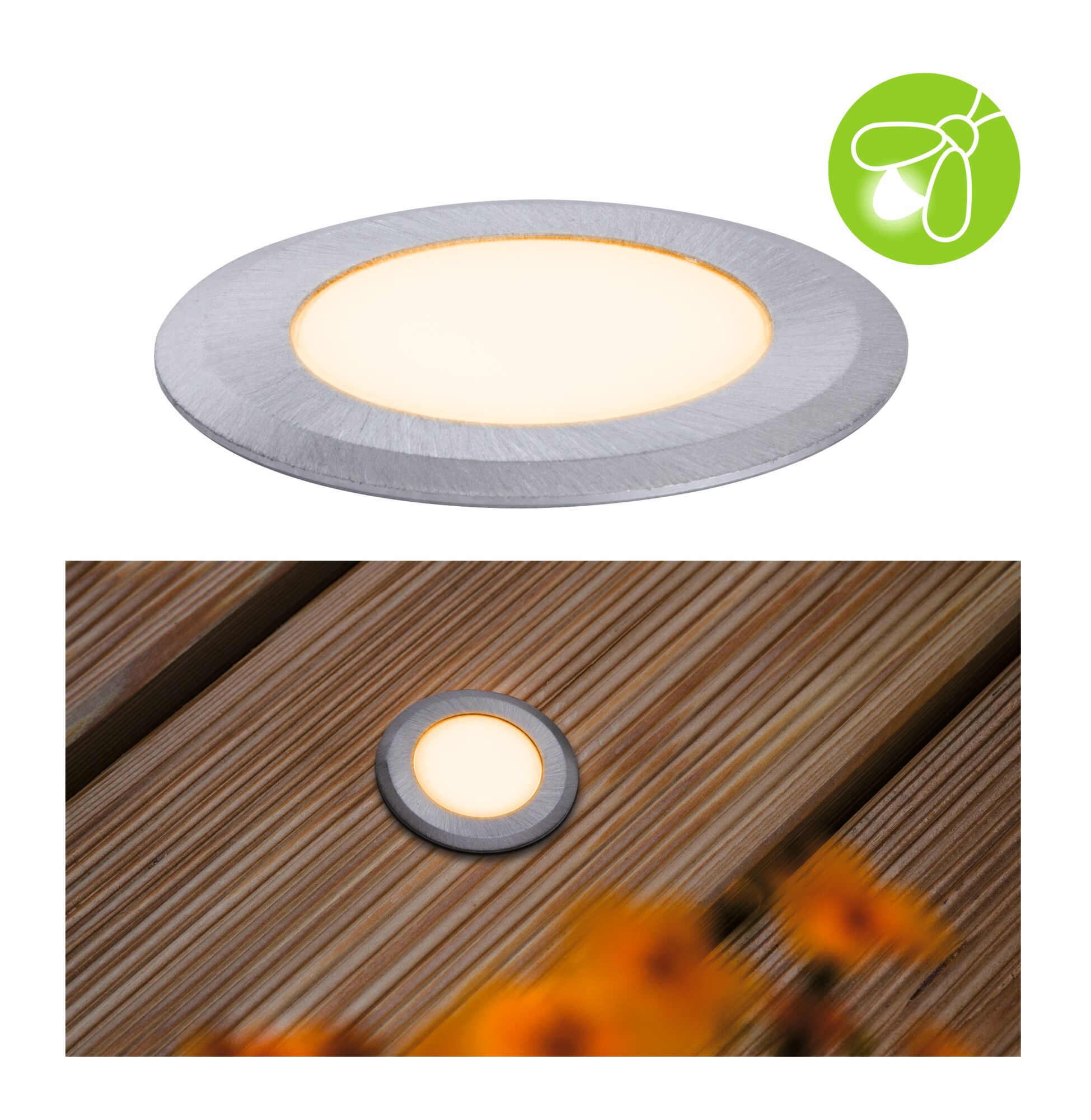 Round LED recessed light in brushed aluminum with warm white light for outdoor use