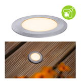 Round LED recessed light in brushed aluminum with warm white light for outdoor use
