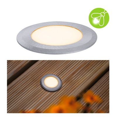 Round LED recessed light in brushed aluminum with warm white light for outdoor use
