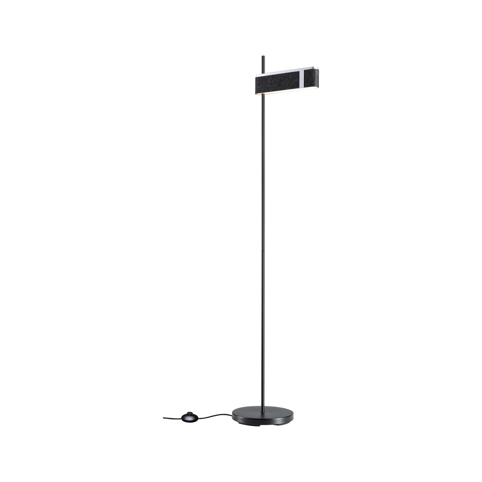Zwarte vloerlamp met ronde voet en rechthoekige lampenkap van vilt voor moderne woonverlichting