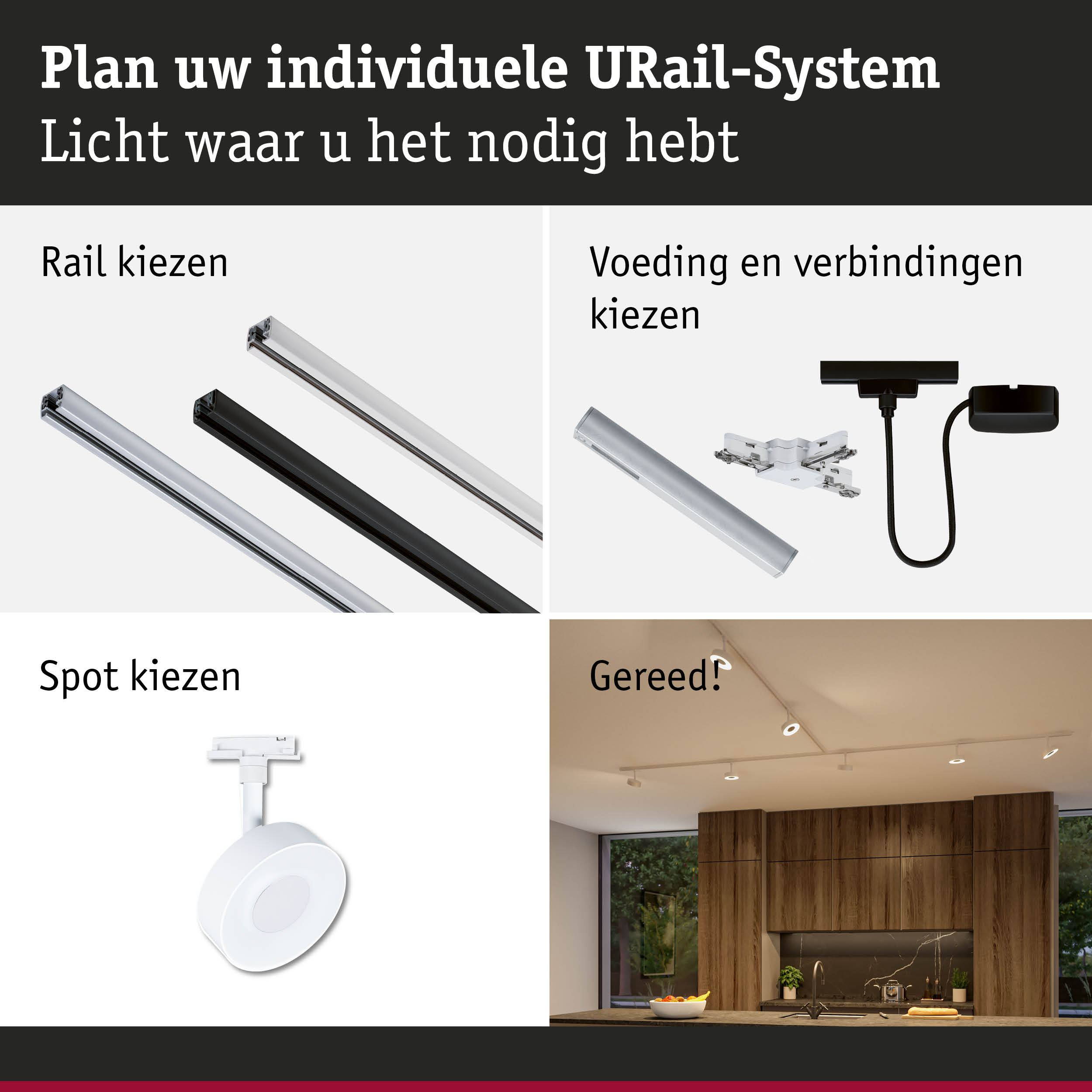 Modulair URail aluminium railsysteem in zwart en wit voor flexibele LED-verlichting.