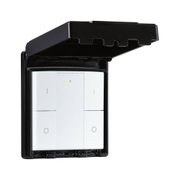 White four-button wall switch in black protective casing for outdoor use