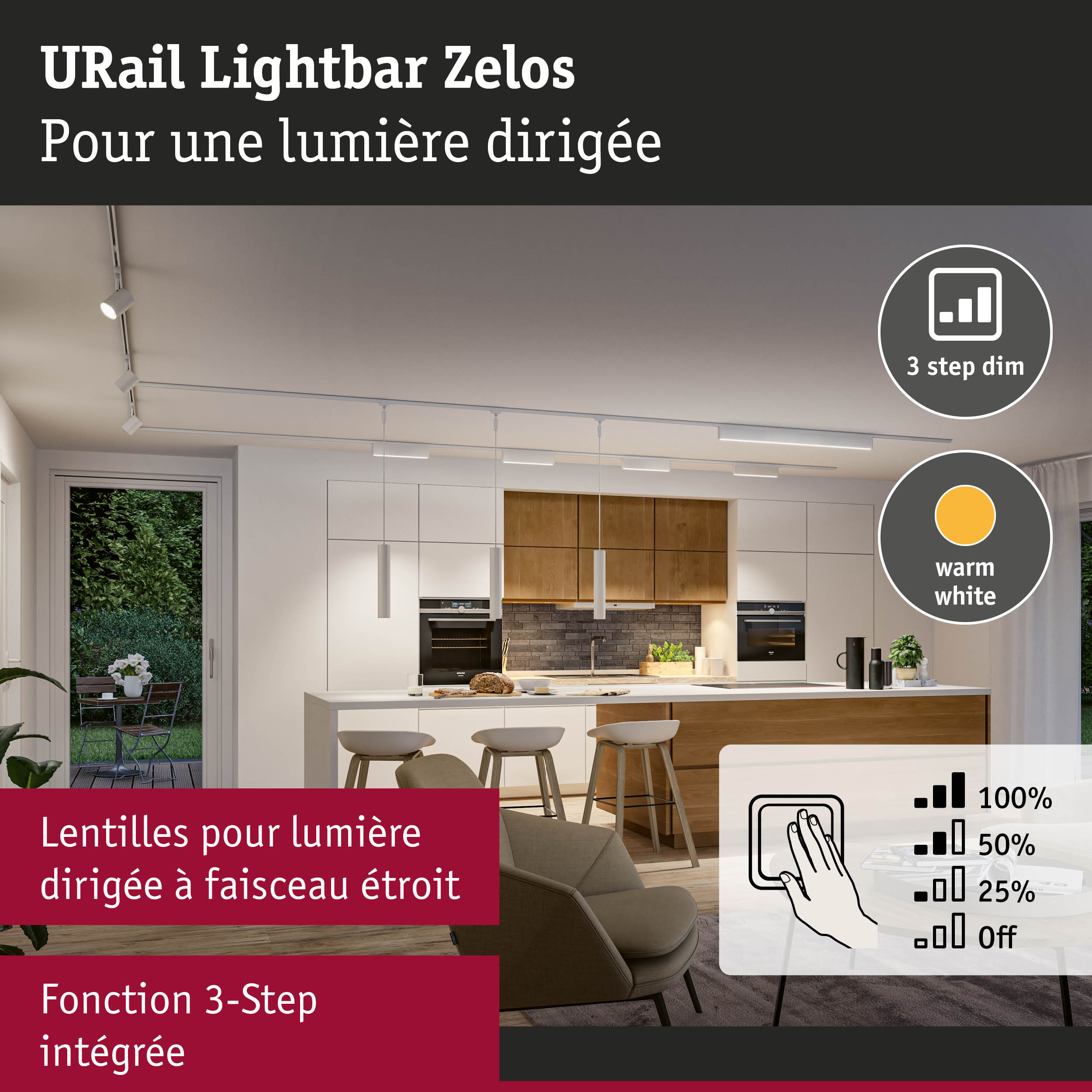 URail Lightbar Zelos éclairage LED blanc avec fonction 3-step dim intégrée pour cuisine moderne
