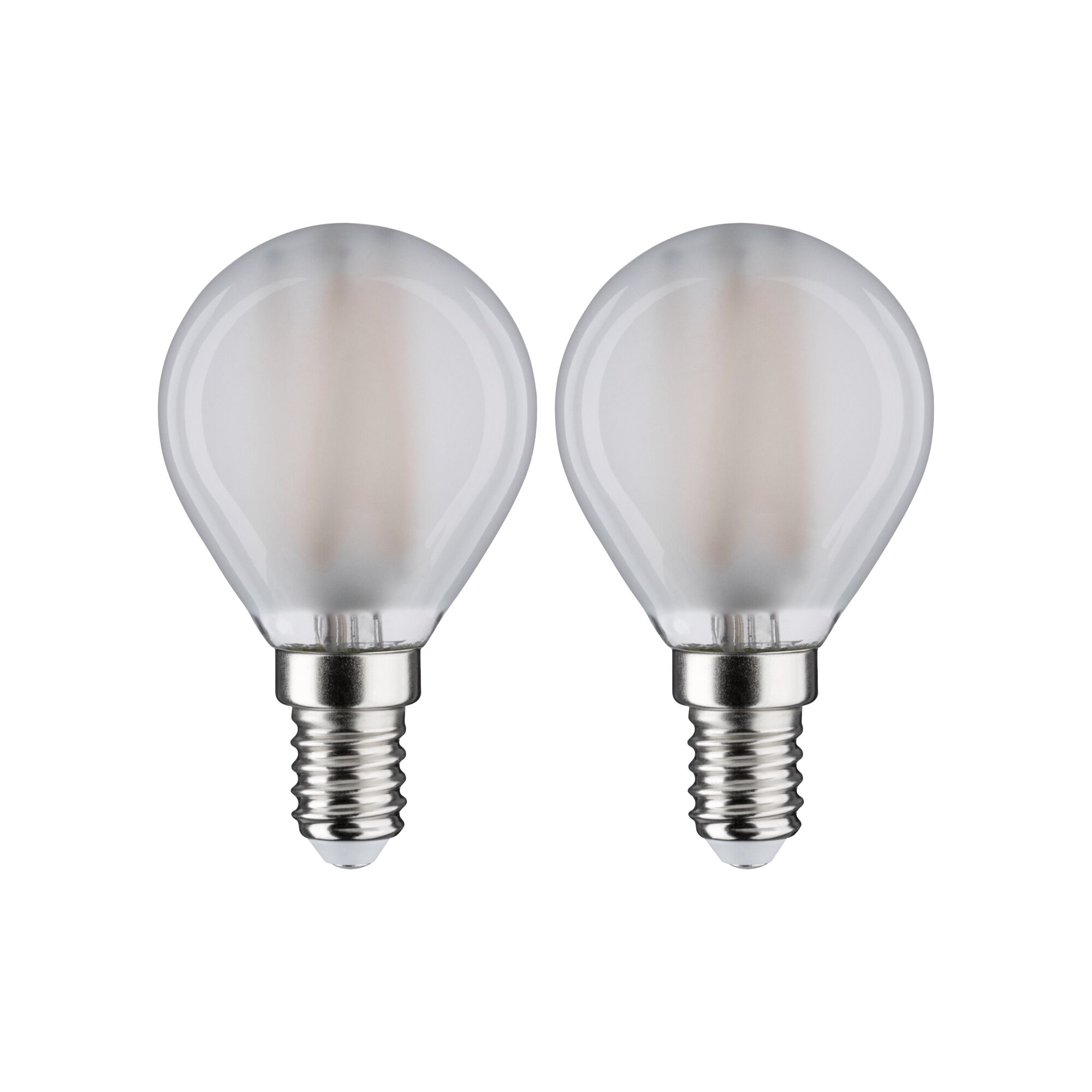 Zwei matte LED-Glühbirnen mit E14-Fassung und warmweißem Licht für energiesparende Beleuchtung