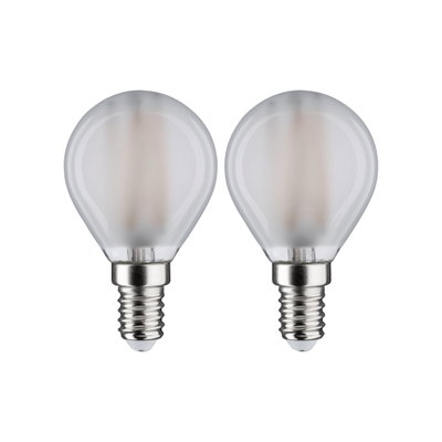 Zwei matte LED-Glühbirnen mit E14-Fassung und warmweißem Licht für energiesparende Beleuchtung