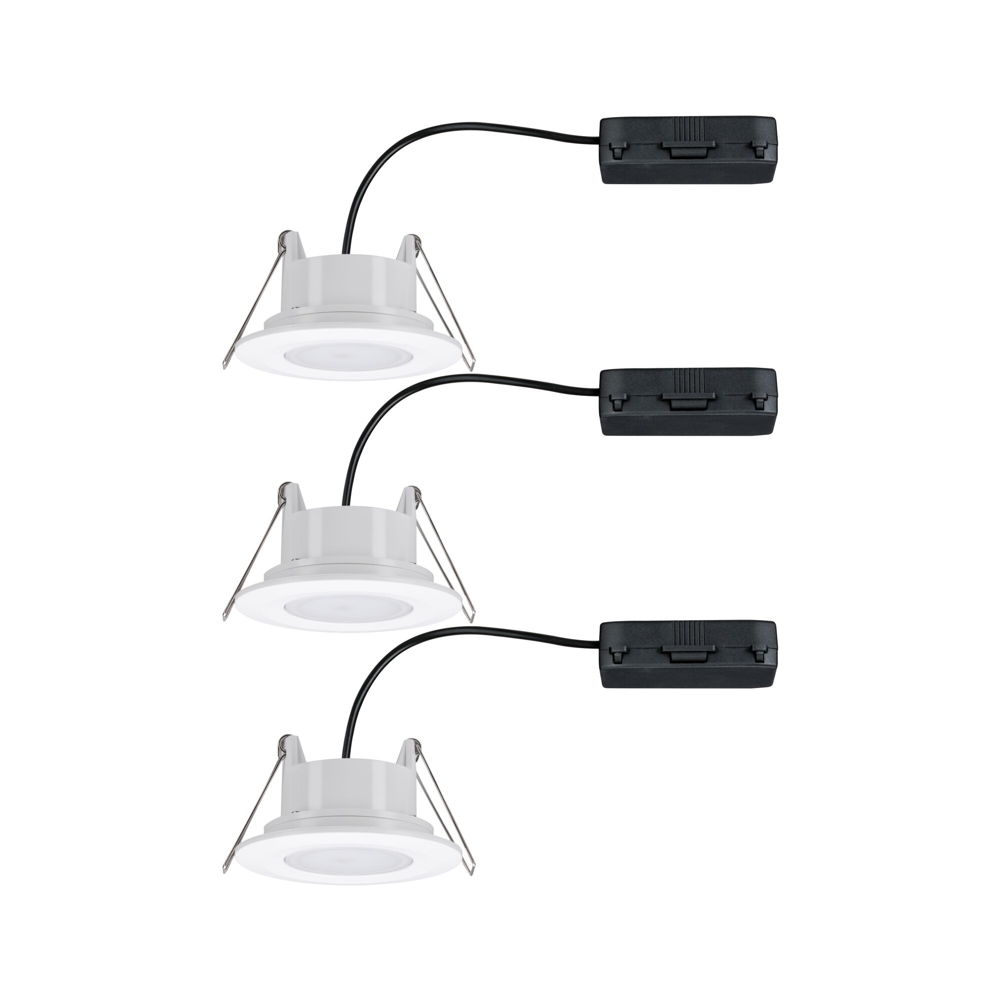 Set of three white LED recessed spotlights with black cables and mounting clips for ceiling installation