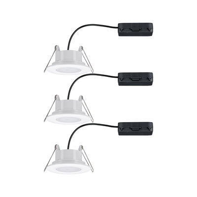 Lot de trois spots encastrés LED blancs avec câbles noirs et clips de fixation pour plafond