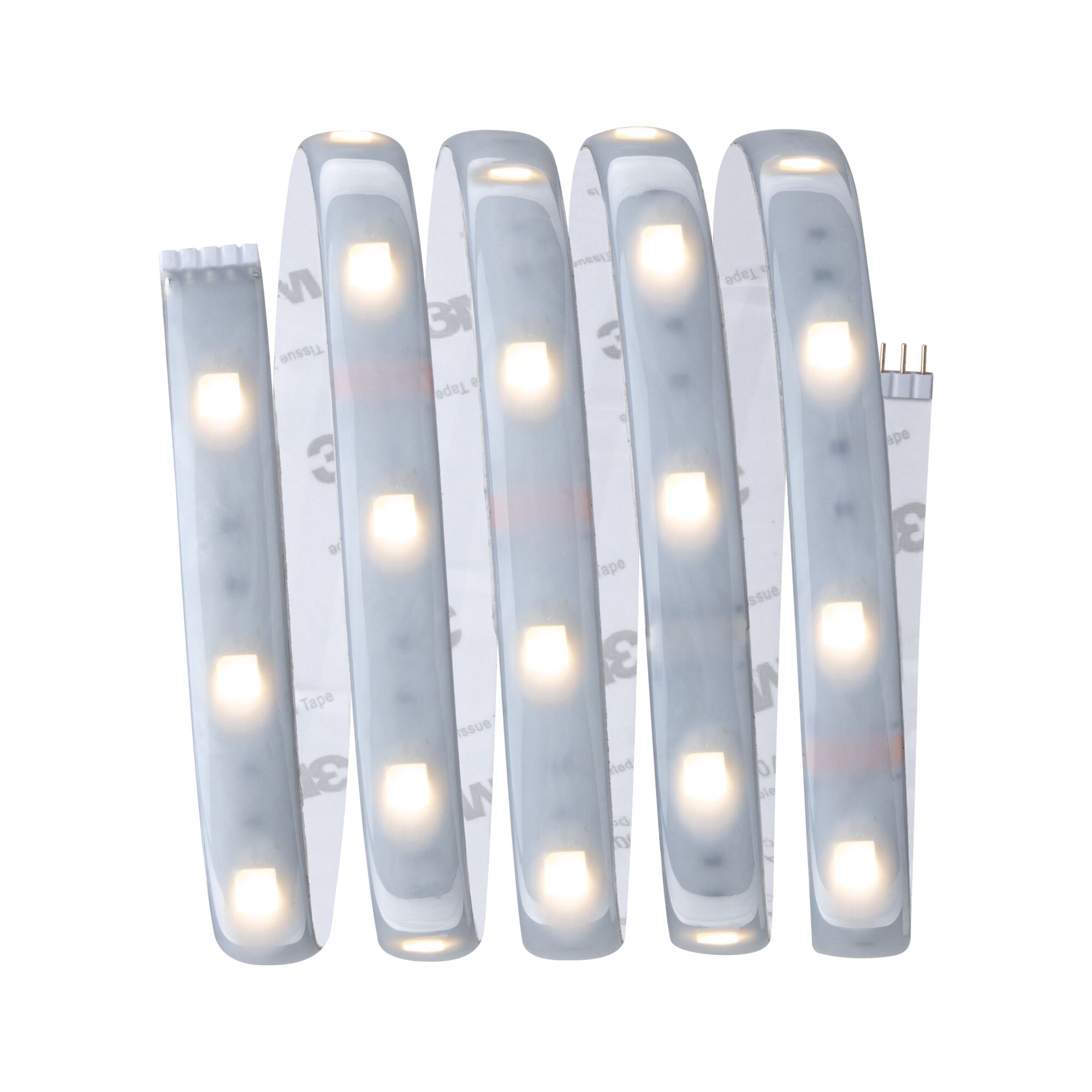 Flexibler LED-Lichtstreifen mit warmweißem Licht und selbstklebender Rückseite für vielseitige Beleuchtung.