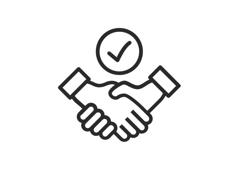 Schwarz-weiße Grafik mit Handschlag und Häkchen als Symbol für Zuverlässigkeit und Vertrauen