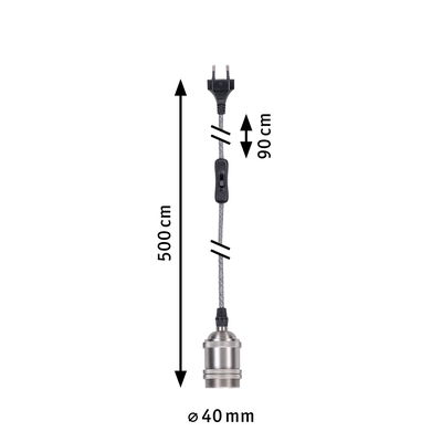 Metall-Fassung mit Textilkabel in Grau, 500 cm lang, 40 mm Durchmesser, mit Schalter und Stecker