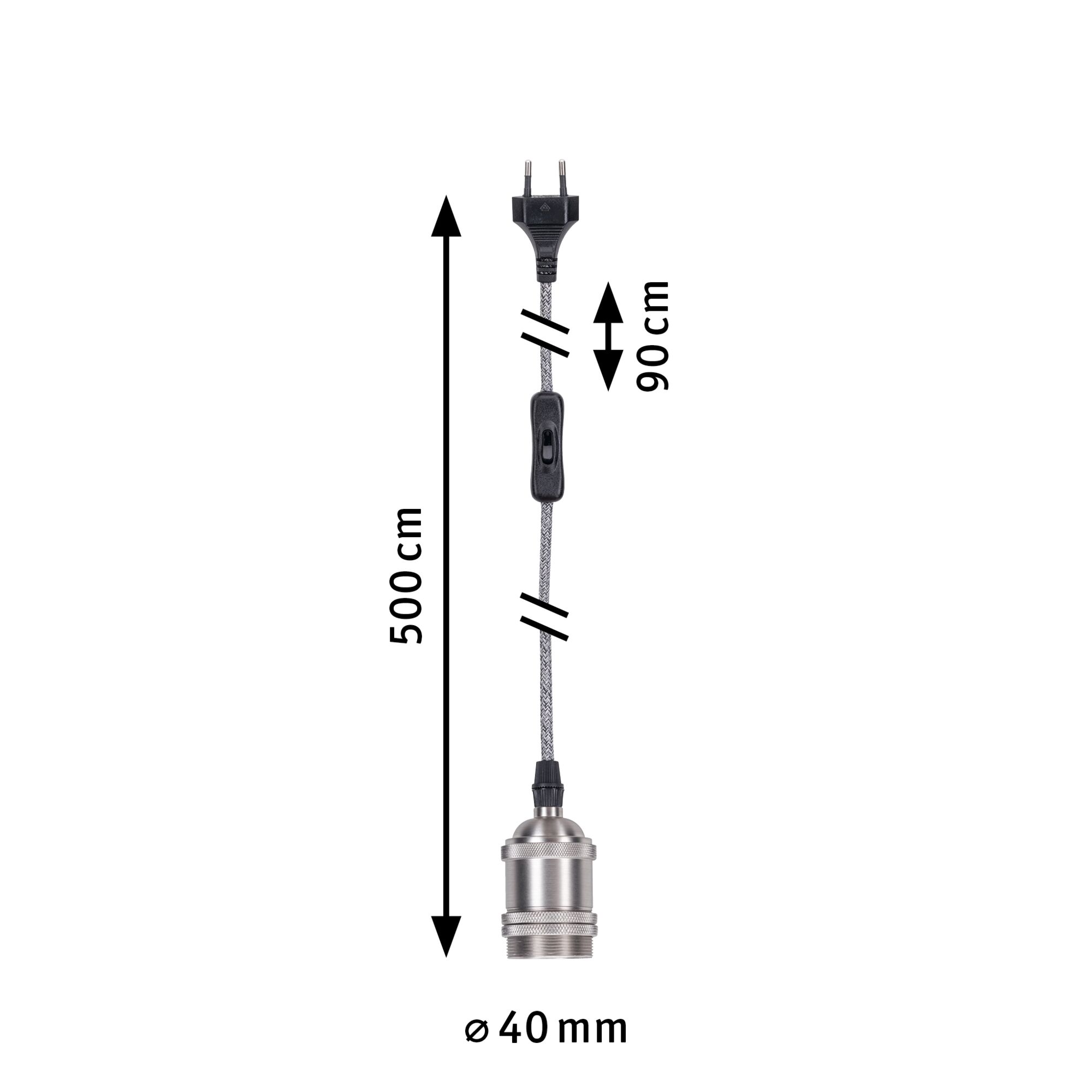 Metal socket with grey textile cable, 500 cm length, 40 mm diameter, includes switch and plug