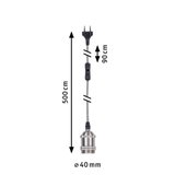 Metal socket with grey textile cable, 500 cm length, 40 mm diameter, includes switch and plug