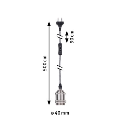 Metal socket with grey textile cable, 500 cm length, 40 mm diameter, includes switch and plug