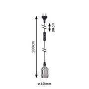 Metal lamp holder with black textile cable and switch, 150 cm length, 40 mm diameter