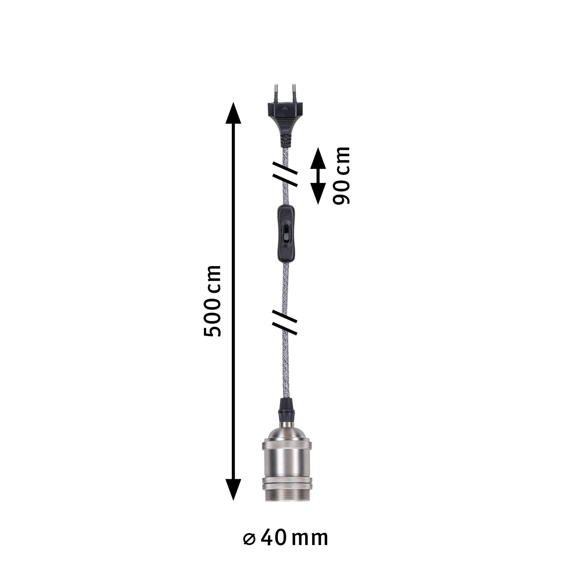 Metal lamp holder with black textile cable and switch, 150 cm length, 40 mm diameter