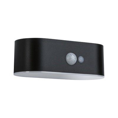 Zwarte LED-wandlamp met bewegingssensor en touchknop, modern ontwerp voor binnen- en buitengebruik