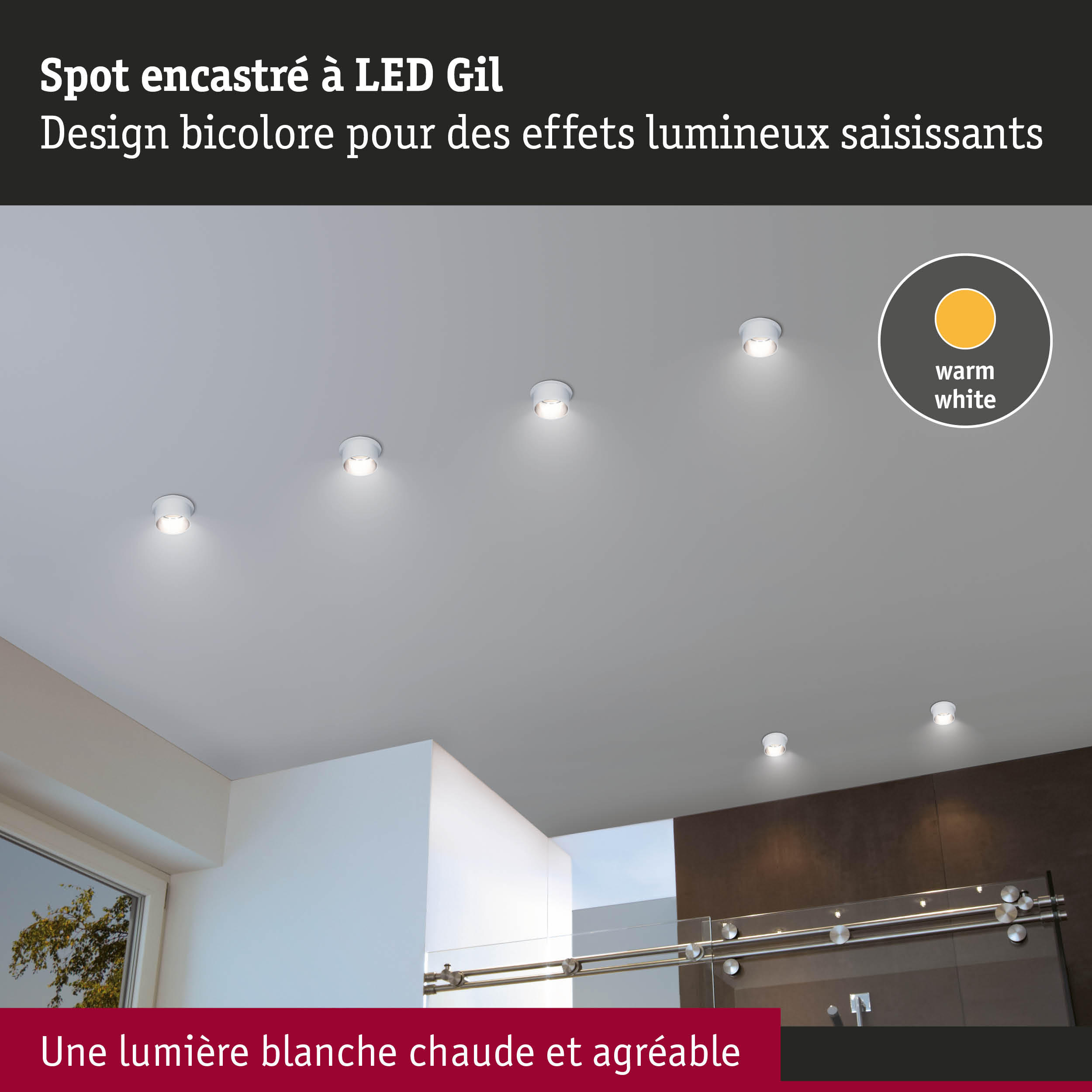 Spots LED encastrés blancs avec lumière blanc chaud sur plafond gris pour éclairage moderne