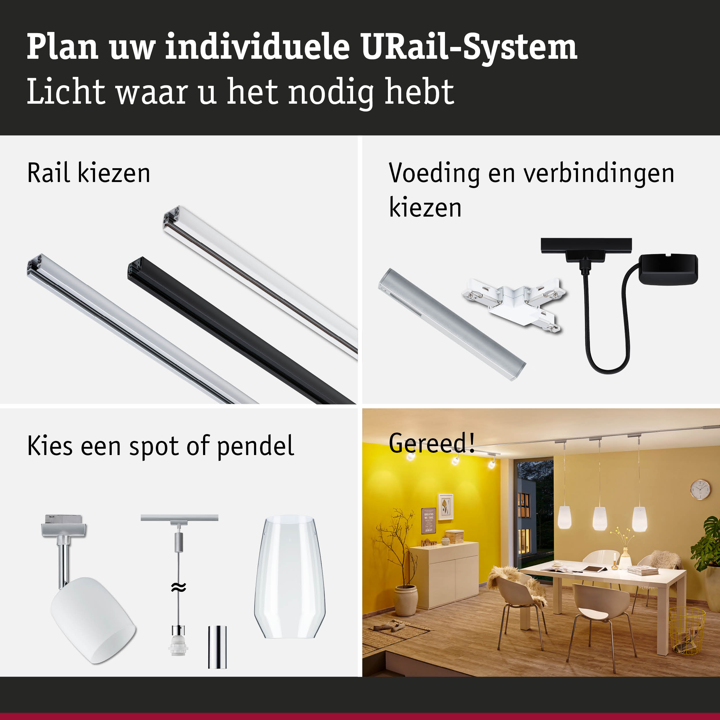 Modulair URail-systeem met witte en zwarte rails, verbindingsstukken en lampen voor flexibele verlichting