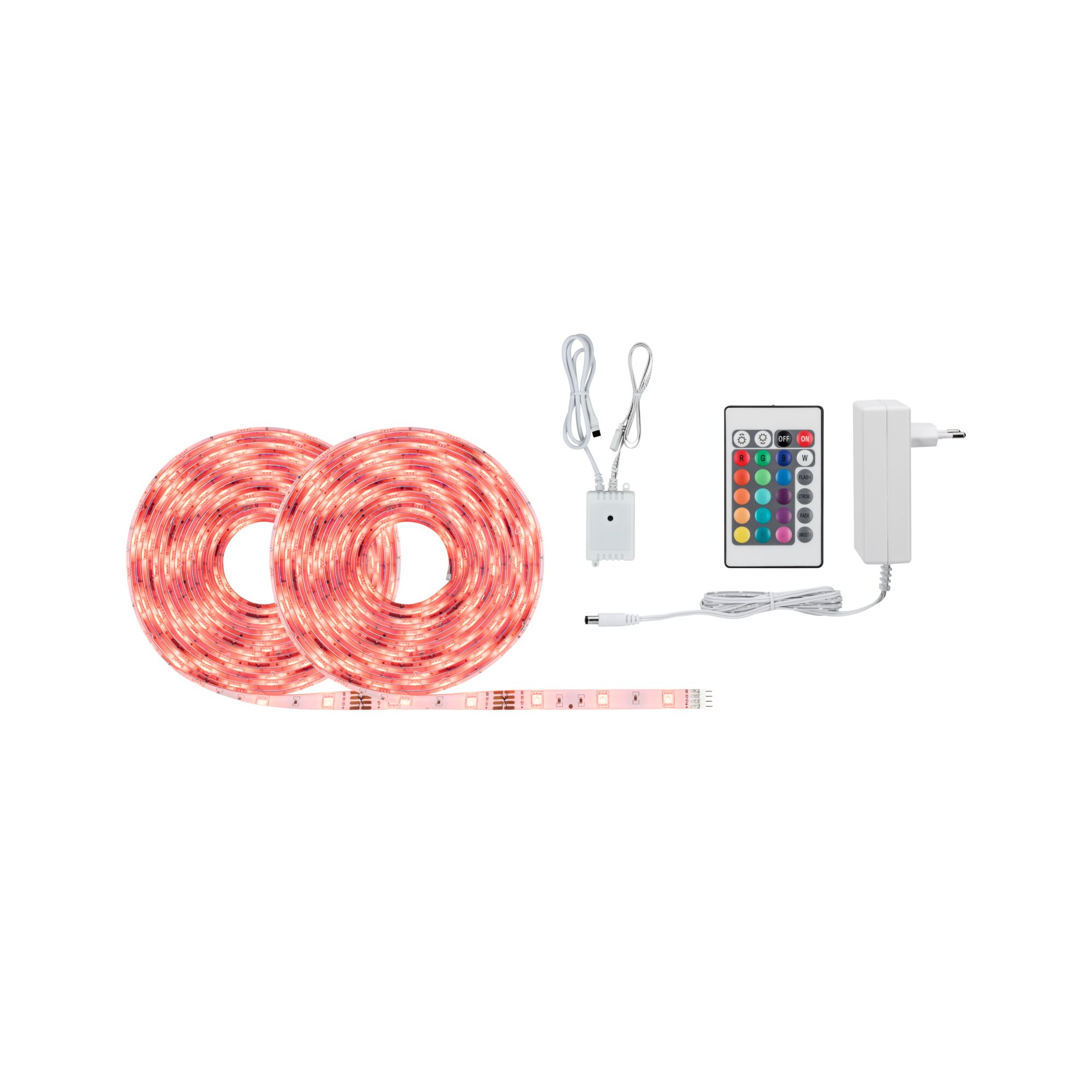 SimpLED Strip LED RGB Kit complet 10m revêtue 28W 120lm/m 30 LEDs/m RGB 36VA Kit bande LED avec deux bandes rouges flexibles, télécommande et adaptateur secteur pour éclairage intérieur